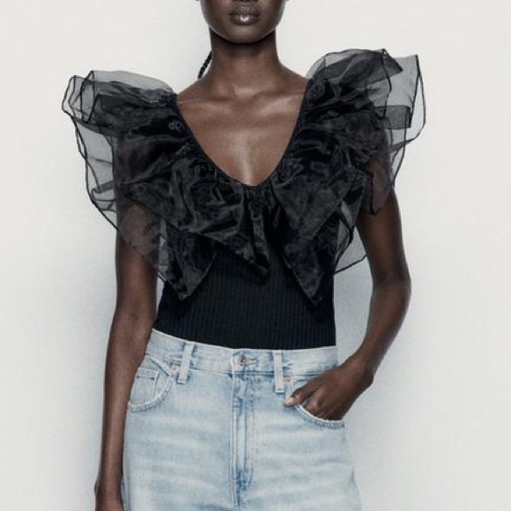 Zara Ribbed Sleeveless Bodysuit with Organza Ruffles